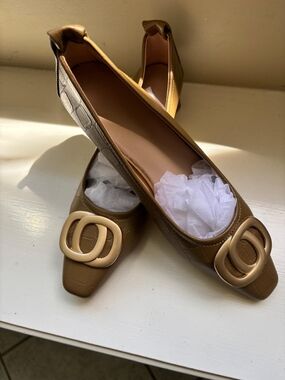 Women’s Brown Quilted Ballet Flats with Gold Buckle